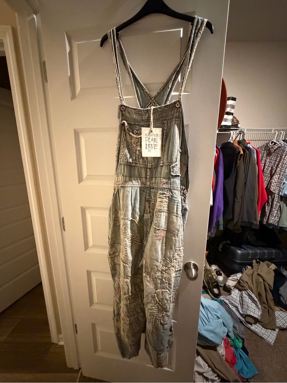 Magnolia Pearl Distressed Light Blue Denim Patchwork Overalls